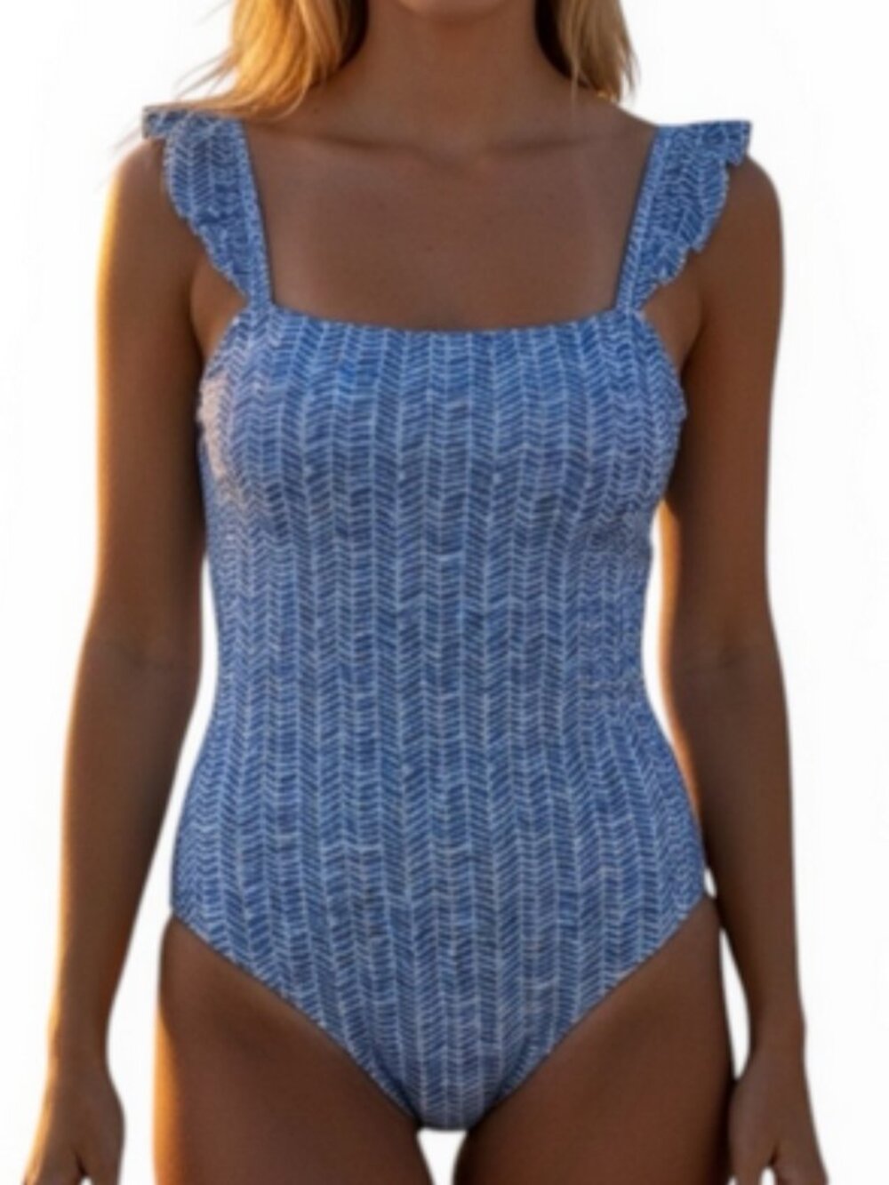 VINEYARD VINES Bayside Blue and White Chevron Ruffle Strap One-Piece Swimsuit M